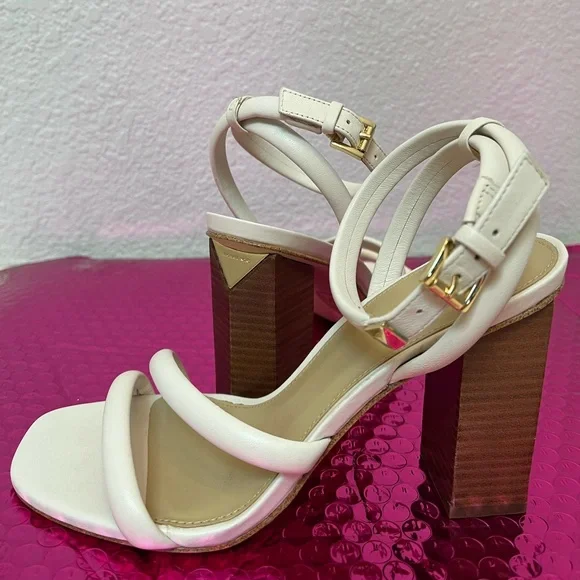 Michael Michael Kors ecru ivory leather strappy wooden heels 6.5 - Picture 3 of 9